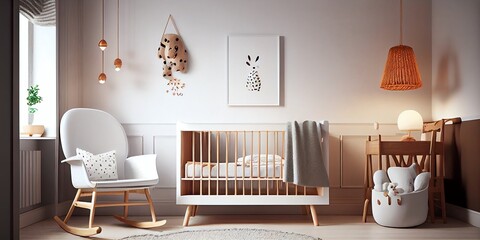 Newborn Bedroom With Wood Cradle, Chair, Carpet, Lamp, Wall Poster. Generative AI