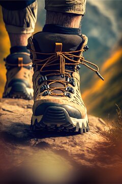Footwear for the Great Outdoors: A Captivating image of Hiking Boots Perfectly Suited for the Challenges of Mountain Terrain. Mountain Hike. Hiking. Background or wallpaper. Generative AI.