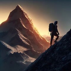Fototapeta premium Conquering the Peaks: Inspiring Photo of a Hiker Pushing Through the Challenge of a Mountain Hike. Hiking. Background or wallpaper. Generative AI.