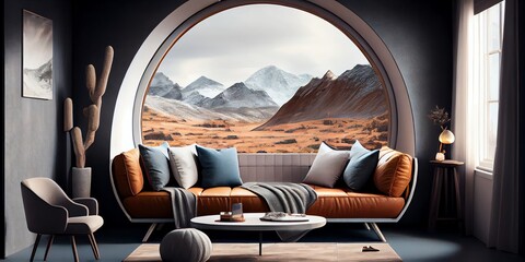 Stylish Lounge Zone Interior With Couch, Armchair And Panoramic Window. Generative AI