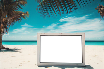 Empty frame mockup standing on a tropical beach for advertising services at a seaside resort. AI Generated.