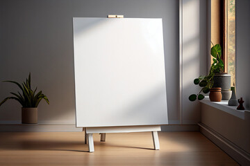 Wooden easel with blank white canvas in the artist's studio. AI generated.