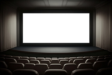 Cinema with white blank screen. Cinema hall with auditorium. Template for Design. AI generated. Mock up, Ad concept.