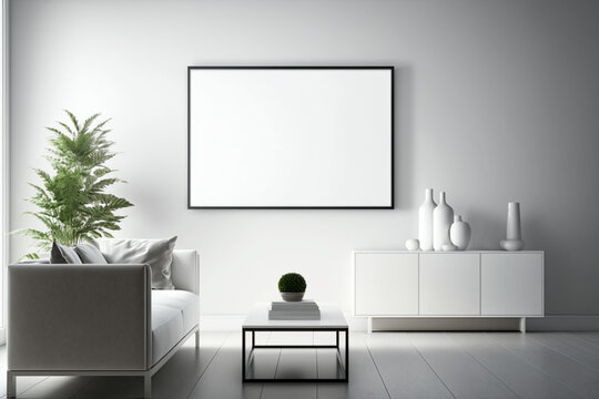 Blank frame on White Wall in living room. Template for Design. Mock Up. AI generated