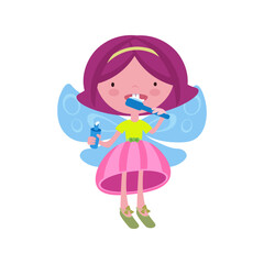 Сute little fairy brushes teeth. Isolated cartoon character on white background. Vector illustration.