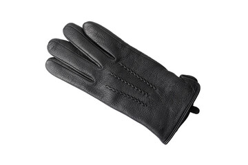 Men's winter black leather glove on the right hand lies with the back side up close-up. Isolated on a transparent background.