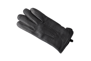 Men's winter black leather glove on the right hand lies with the back side up close-up. Isolated on a transparent background.