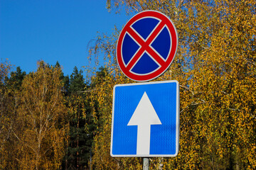 International traffic signs 'No parking stopping' and 'One Way Traffic'