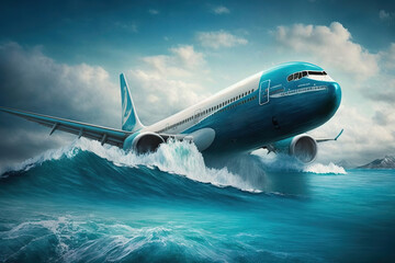 Fototapeta premium Plane makes emergency landing in ocean, illustration generative ai