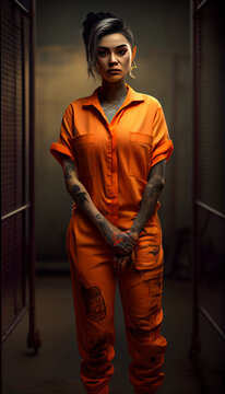 latin female prisoner orange robes, inmates, colored, gender portrait tattoo