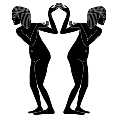 Symmetrical ethnic design with two standing ancient Egyptian girls holding hands. Black and white negative silhouette. Isolated vector illustration.