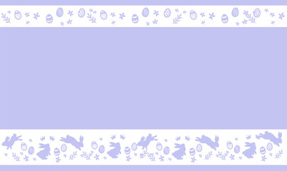 Easter banner with chocolate rabbits and beautifully painted eggs set on the grass. Concept of Easter egg hunt or egg decorating art. Background pastel color minimal design