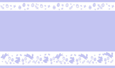 Easter banner with chocolate rabbits and beautifully painted eggs set on the grass. Concept of Easter egg hunt or egg decorating art. Background pastel color minimal design