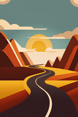 Simple, abstract illustration of a highway through the desert with mountains and sun for travel and posters, Generative AI.