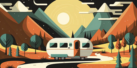 Retro camping illustration showing an RV, mountains, and the moon. Generative AI