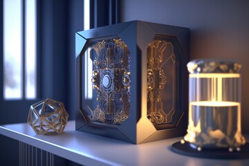 a danish luxury design interior with a futuristic stylish designed home quantum computer. generative ai
