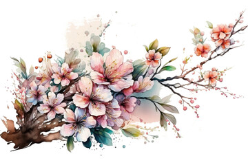 Cute Watercolor Sakura Flower Illustration AI Generative.