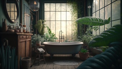 a relaxing, calming vintage retro design bathroom in the forest with plants and wood and a bathtub. Generative AI