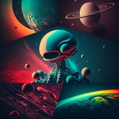 Aliens in space, space background.