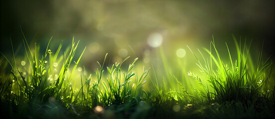 Little green grass spring natural background, closeup with back light, AI generative