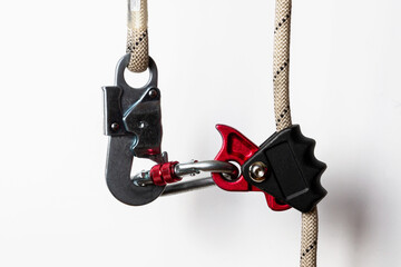 Polyspast system. Carabiner, clip, pulley. Equipment for mountaineering and high-altitude work....
