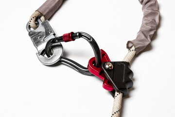 Polyspast system. Carabiner, clip, pulley. Equipment for mountaineering and high-altitude work....