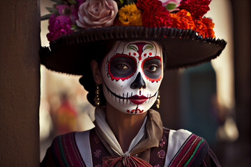 Fototapeta na wymiar Portrait of a man in Day of the Dead makeup. AI generated
