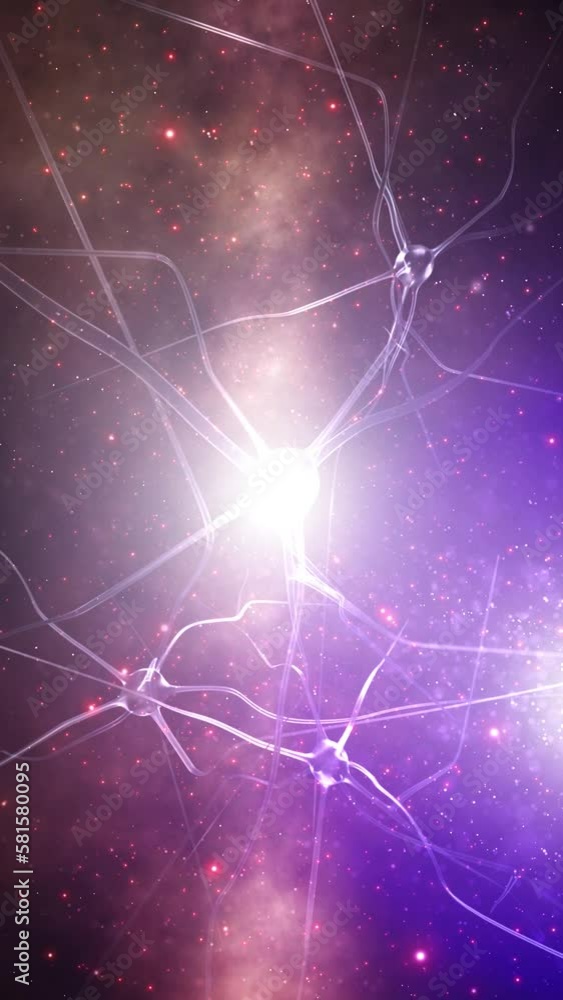 Poster flashing light and flickering nerve cells animation. vertical background.