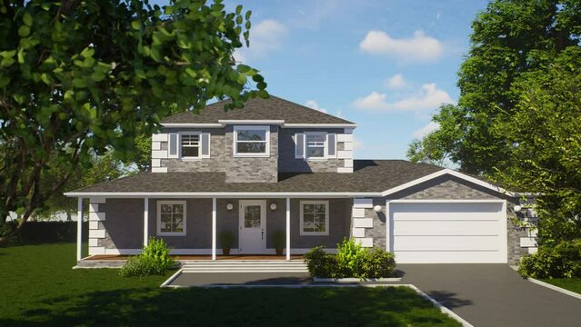 Beautiful gray brick house. 3D animation of a house with a landscape.