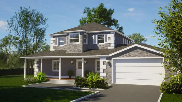 Beautiful gray brick house. 3D animation of a house with a landscape.