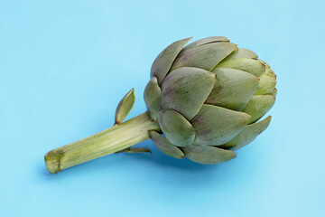 Fresh artichoke on blue background