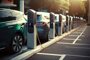 Obraz premium A line of electric cars charging at a public charging station. AI generation