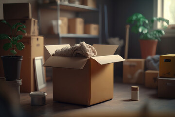 Stack of cardboard boxes in room. Packed things ready for moving in or out of house. AI Generation