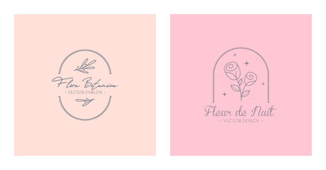 Set of vector floral emblems.Elegant  logo designs with linear branches,flowers.Modern botanical badges in trendy minimal style.Branding design templates.Letters with Fleur de Nuit means night flower