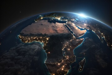 Fototapeta na wymiar Viewing Africa from space at night. Generative AI.