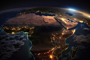 Viewing Africa from space at night.  Generative AI.