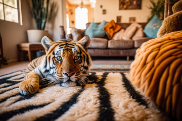 Fototapeta na wymiar Tiger at home, laying on the carpet, Generative AI