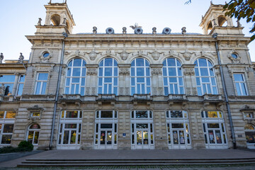 Building and street at the center of city of Ruse, Bulgaria