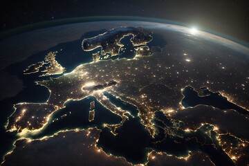 Viewing Europe from space at night.  Generative AI.