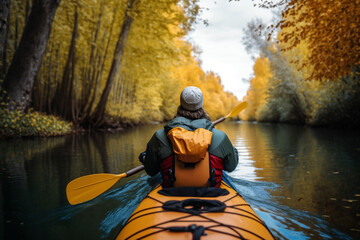 a kayak canoe floats along autumn forest on river Generative AI