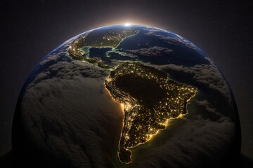 Viewing South America from space at night.  Generative AI. Generative AI.