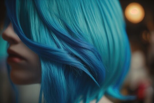 Blue hair of a young girl in close-up. AI Generation
