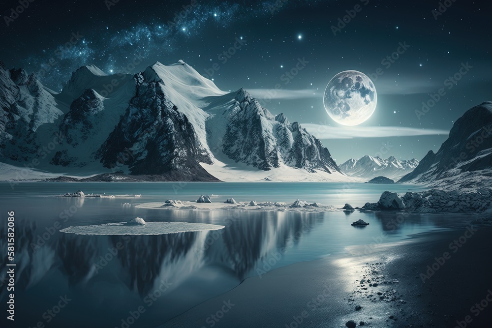 Wall mural capped mountains with ocean views in moonlight and sparkling stars. generative ai.