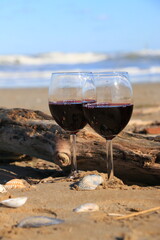 Glasses with Italian red wine on the Adriatic beach on a winter day, next to a log and shells, wind and waves on the sea.