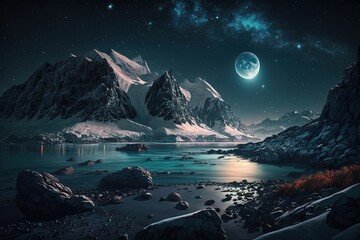 Capped mountains with ocean views in moonlight and sparkling stars. Generative AI.