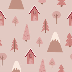 Seamless winter pattern with pink christmas trees