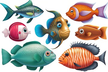 Fototapeta premium Set of funny and cute cartoon fish. Marine and river fish digital art for childish design.