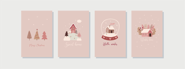 Set of different Christmas cards. Cute boho houses