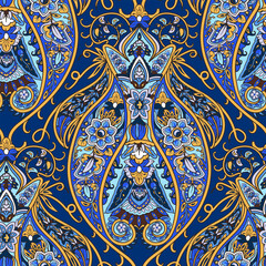 Turkish floral seamless pattern. Paisley folck vector background using boteh or buta. Fantasy decorative repeating tiles with tropical flowers and leaves. Festivale style.