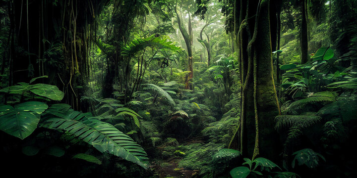 Dense rainforest with lush green foliage generated by AI